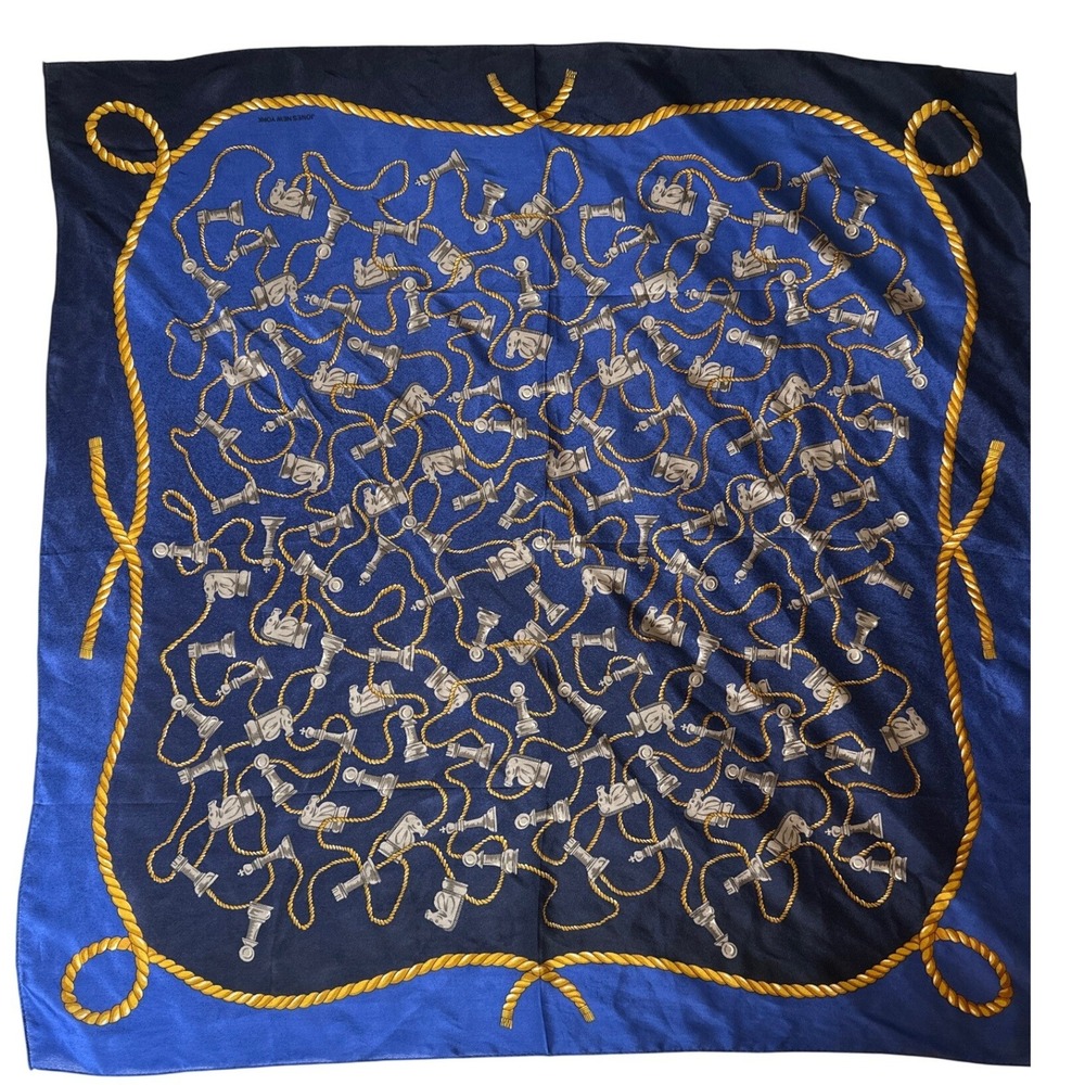 VTG Jones New York Chess Piece Pattern 100% Silk Scarf Blue Gold Rope Japan